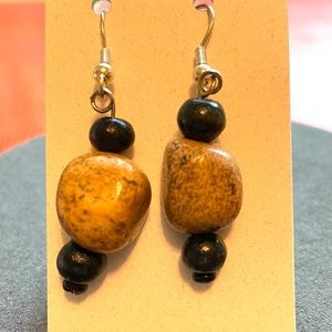Brown stone and black glass bead pierced earrings hand made boho bohemian earth